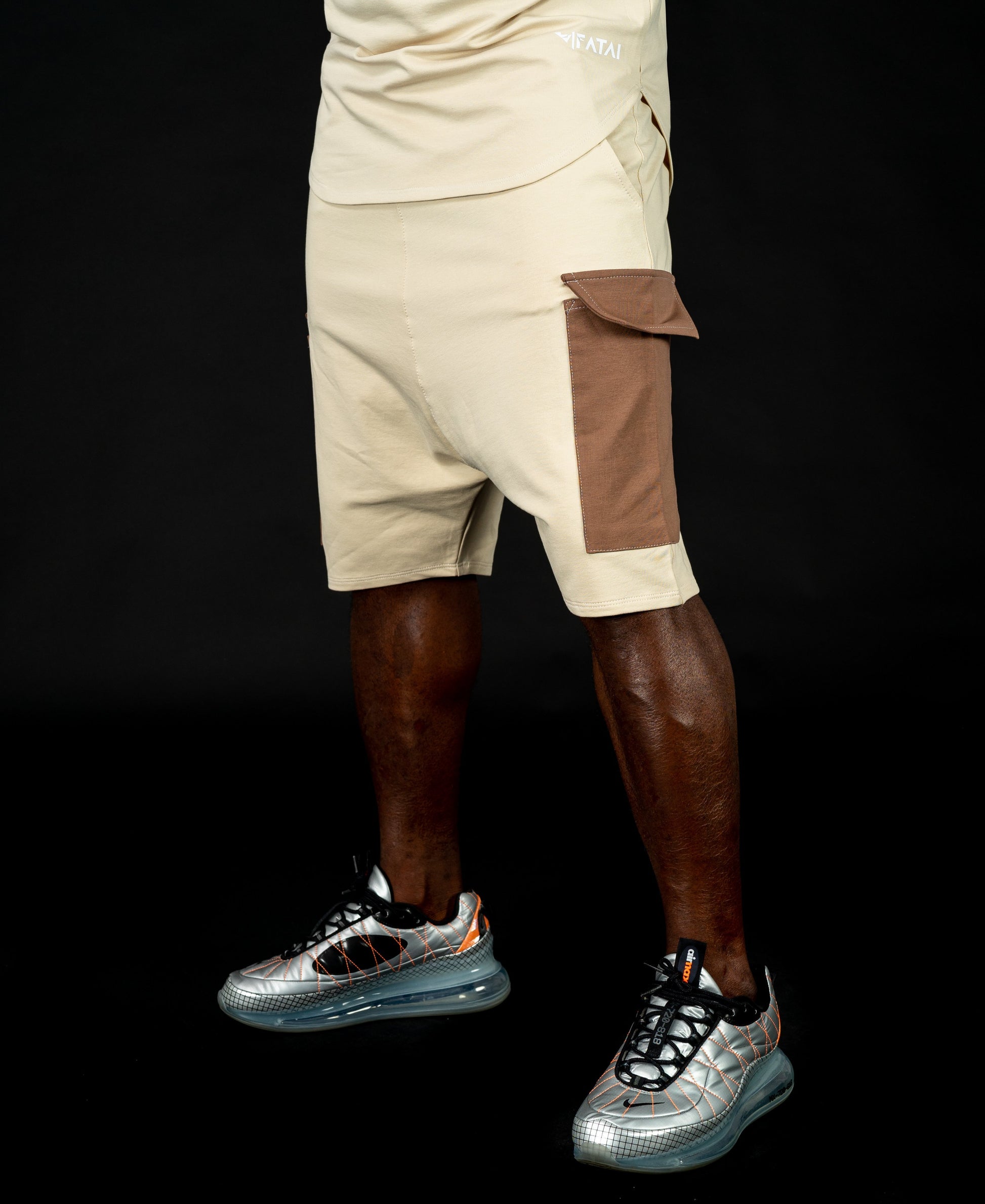 Beige tracksuit with brown design (t-shirt+short trousers) - Fatai Style