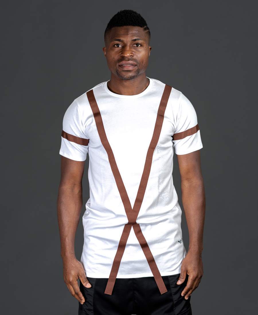 White t-shirt with long brown design - Fatai Style
